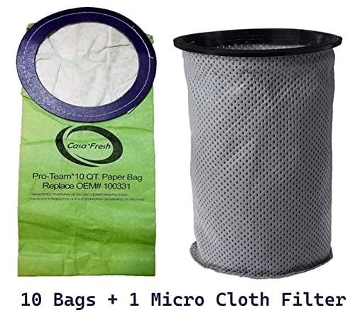 10 PK of Replacement Bags for ProTeam 100331. Compatible with 10 QT BackPack Vacuums - Coachvac, Super Coachvac, Megavac (10 QT Round Bags 100331 + MicroLiner 100565) - size: 10 QT Round + 100565
