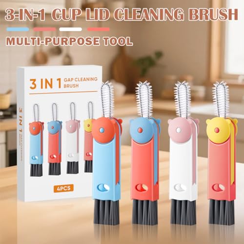 3 in 1 Cup Lid Cleaning Brush, Multifunctional Crevice & Gap Cleaner for Water Bottles, Insulated Cups and Tumblers, Deep Cleaning Tool for Home & Kitchen, Portable Travel Lid Cleaner Set (4 PCS) - color: Red, Blue, White, Orange(bear)