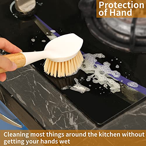2 Pack Kitchen Dish Brush Bamboo Handle Dish Scrubber Built-in Scraper - style: White
