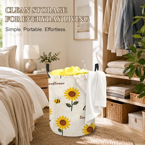 Laundry Hamper, Sunflower Bee Collapsible Rainbow Laundry Baskets Waterproof Oxford Cloth With Handles, Clothes Storage Bucket For Bathroom/Bedroom 16" x 20.8" - color: Sunflower Bee