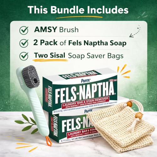 AMSY Stain Remover Bundle - Laundry Brush with Soap Dispenser & 2 Sisal Pouches Bundled with 2 Pack of Fels Naptha Laundry Bars - color: Sisal Bag