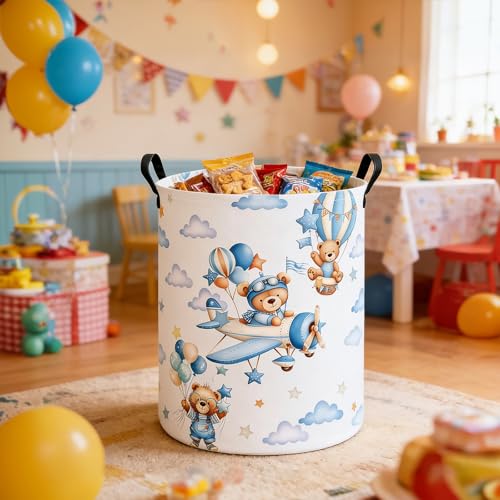 Foldable Waterproof Round Fabric Laundry Basket Home, Blue Pilot Bear - color: Round-Blue Pilot Bear
