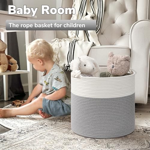 Goodpick Toy Basket for Kids, Woven Rope Blanket Basket for Living Room Nursery Baby Laundry Baskets for Organizing Clothes, Gray (Pack of 3) - color: Grey, size: 15 × 14.2 inches (Pack of 3)