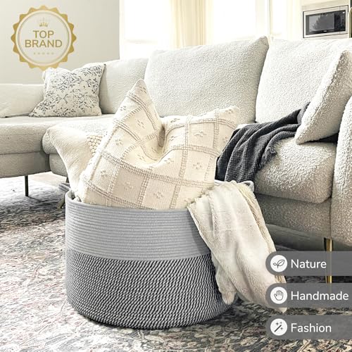INDRESSME XXXLarge Woven Rope Blanket Basket Living Room Grey, 90L - color: Light & Dark Grey, size: 21.7"D x 13.8"H