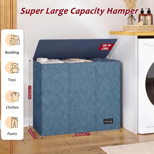 195L Laundry Hamper 3 Section,Large Laundry Hamper with Lid,Dirty Clothes Hamper with 3 Inner Bags,Collapsible Laundry Basket Organizer for Laundry Room,Bedroom,Laundry Sorter Hamper 3 Compartment - color: Denim Blue, size: 195L