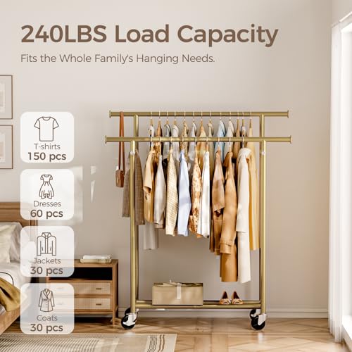 HYSEYY Clothes Rack, Double Rods Rolling Clothing Rack for Hanging Clothes, Portable Garment Rack with Wheels, Coat Rack Wardrobe Closet Load 240 LBS for Bedroom Laundry Room (Glod, L) - color: Glod