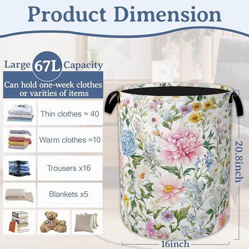 Watercolor Floral Laundry Hamper With Handle,Foldable Oxford Cloth Wildflowers Laundry Basket,20.8"x16" Clothes Storage Basket for Laundry Room/Bedroom/Bathroom - color: Watercolor Floral Wildflowers