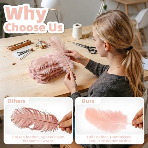 Pink Ostrich Feather Duster for Cleaning with Wooden Handle, 13.5 Inch