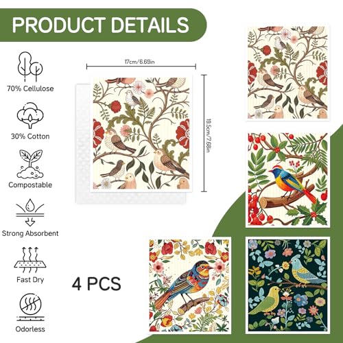 Swedish Dishcloths,Reusable Paper Towels for Kitchen, 4 Pack, Birds Flowers