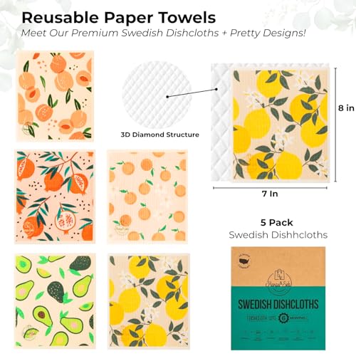 Harps&Seb Swedish Dishcloths for Kitchen Dish Towels - 5 Pack, Non-Scratch Reusable Paper Towels, Super Absorbent Washable Swedish Dish Cloths, No Odor, Biodegradable, Fruit Design - color: Lemon Kiss, style: 5 Pack
