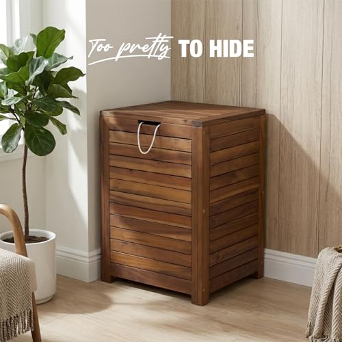Laundry Hamper & Basket with Lid, Handles, Acacia Wood, Brown, 90L, 23.5 lb