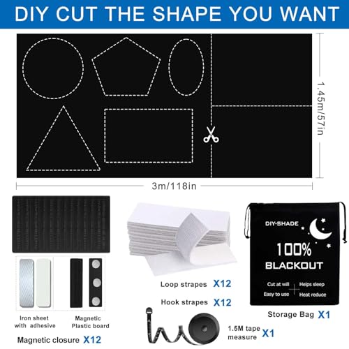 100% Blackout Blind Magnetic Window Cover,Cuttable Black Out Curtain 118x57 - color: Black, size: 57"W x 118"H