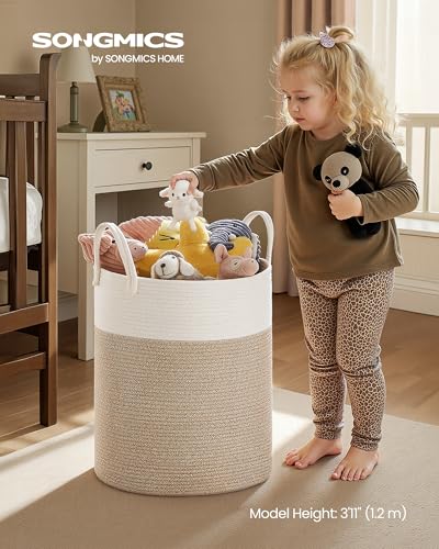SONGMICS Laundry Hamper, Cotton Rope Basket with Handles, 15.8 Gallons - color: White + Grayish Brown, size: 60 L