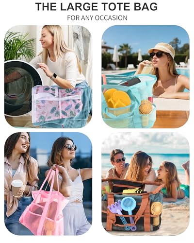 Genteen 40L Mesh Beach Bag, Foldable Sandproof Tote with Waterproof Pocket Quick Dry for Women Family Pool Vacation - color: Flamingo
