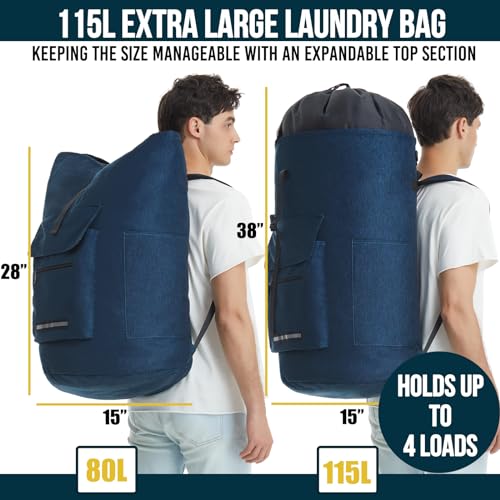 Laundry Backpack Heavy Duty, 115L Extra Large Laundry Bag with Straps, Dorm Room Essential for Guys, Backpack Laundry Bags with 4 Pockets, Laundry Hamper Bags for College Dorm, Apartment, Laundromat - color: midnight blue