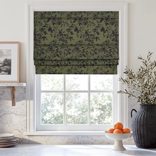 RYB HOME Patterned Velvet Roman Shade, Vintage Floral Room Darkening Cordless Blinds, No Drill Magnetic Window Shades for Living Room/Bedroom, French Country Decor, W36xL64, 1 Panel - color: Etched Rose - Olive Green, size: 36"W x 64"H
