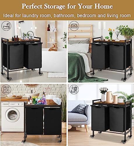Double Laundry Hamper with Wheels & 2 Pull Out Section Removable Bags, Extra Large Dual Rolling Laundry Sorter Basket Organizer with Shelf for Bathroom, Bedroom, Laundry Room, 2 x 9Gal, Black
