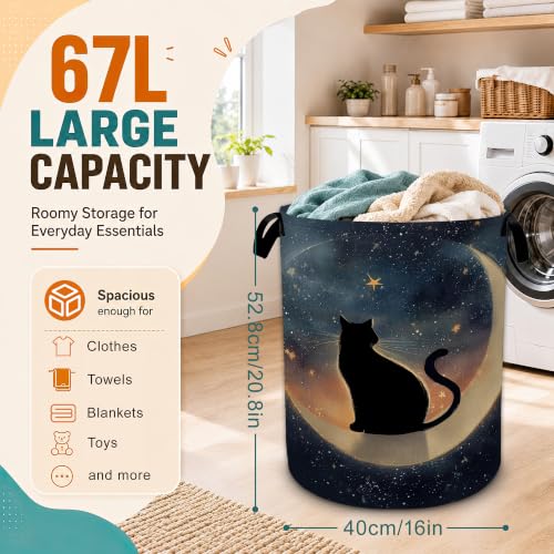 Black Cat Laundry Basket,Moonlit Night Foldable Oxford Laundry Hamper with Handles,Collapsible Clothes Storage Basket for Bedroom,Bathroom,or Laundry Room,20.8 x 16 Inches - color: Black Cat Moonlit Night