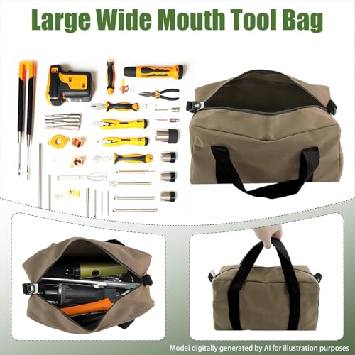Small Tool Bag, Close Top Wide Mouth Tool Organizer Bag, Large Tool Bags - color: Khaki, size: 18 Inch