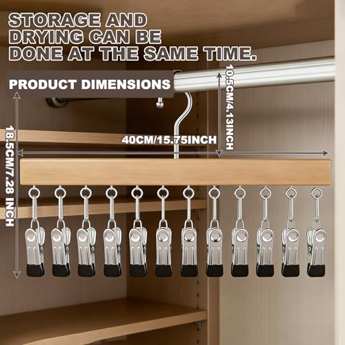 Wooden Rotating Pants Hanger, Closet Organizer with 12 Clips, Space Saving Hanging Clothes Legging Wardrobe Organizer for Jeans, Hats, Shorts, Socks (Brown+Nature, 2Pack)