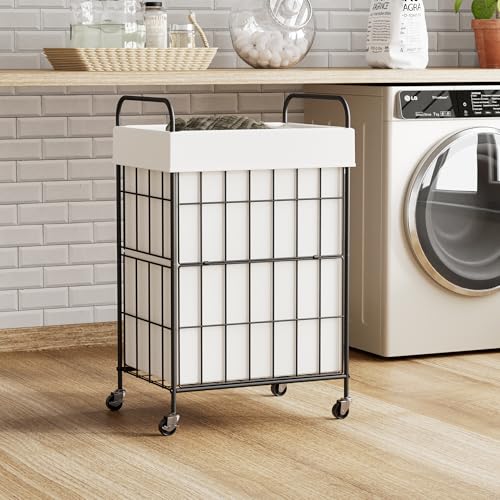 90L Laundry Hamper with Wheels, Laundry Basket with Handle and Liner Bag - color: White, size: 90L-1 Section