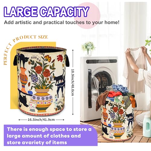 Black Cat Flower Laundry Basket Floral Vase Art Oxford Cloth Laundry Hamper - color: Black Cat Flowers