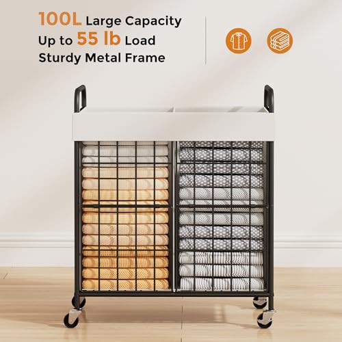 100L 2-Section Laundry Hamper with Wheels, Laundry Basket with Liner Bag - color: White, size: 100L-2 Sections