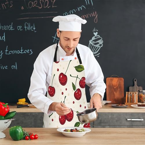 Cooking Aprons for Men and Women,Adjustable Bib Chef Apron with 2 Pockets, Soft and Durability Kitchen Apron - color: Cute Red Cherry