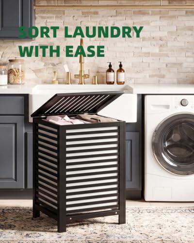 SMIBUY Double Laundry Hamper with Lid, 120L Bamboo Laundry Basket with Removable Liner Bag, 2-Section Clothes Divider Laundry Sorter for Laundry Room, Bathroom, Bedroom (Black) - color: Black
