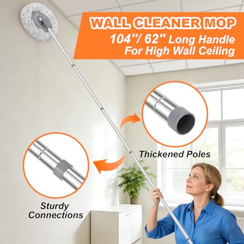 Wall Mop for Painted Walls, Wall Cleaner Mop with 104''/ 62" Long Handle, Dry Mop for Wall Floor Ceiling Cleaning, 2 Reusable Pads (Grey) - size: 62 in / 157 cm