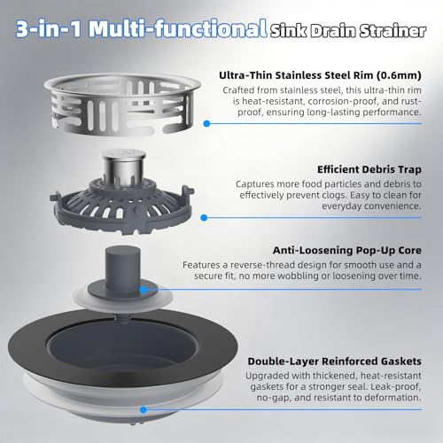 Hibbent 3 in 1 Kitchen Sink Drain Strainer, Stainless Steel Pop Up Stopper - color: Matte Black