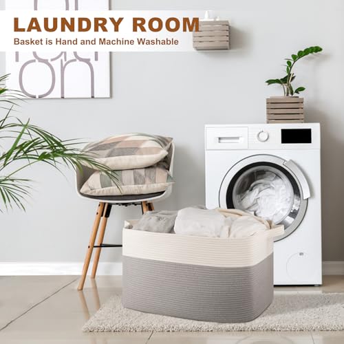 Extra Large Laundry Basket, 95L Blanket Basket for Living Room, Cotton Rope Toy Storage for Kids, Woven Baskets for Clothes, Towels, Pillows, 24" x 17" x 14", Grey and White - color: Grey & White, size: 24"x16.9"x14.2"
