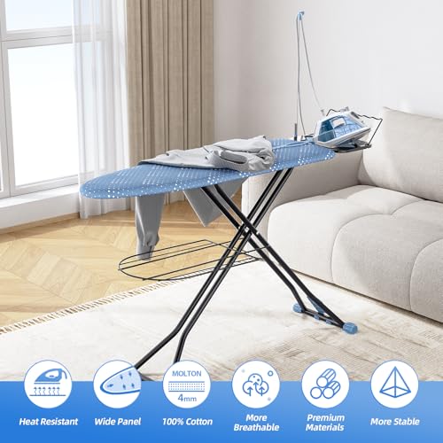 APEXCHASER Ironing Board, Compact Iron Board with Iron Rest and Hanger and Silicone Irons Harness, 7 Adjustable Heights & Extra Thick Cover, Folding Heavy Duty Ironing Board, Blue