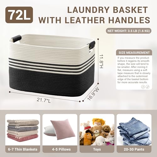 72L Large Woven Laundry Basket Hamper with Leather Handles,Black - color: Black, size: 72L