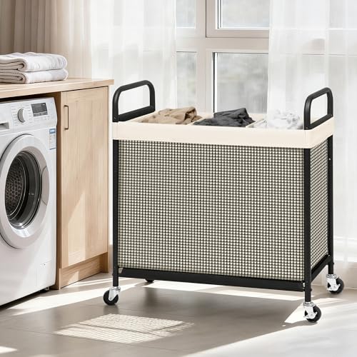 STORAGE MANIAC Rolling Laundry Hamper with Wheels 3-Section Laundry Sorter Rolling Laundrys Basket on Wheels with Removable Bag Clothes Hamper Laundrys Organizer Cart Bathroom Bedroom 120L Beige - color: Beige, size: 3-Section