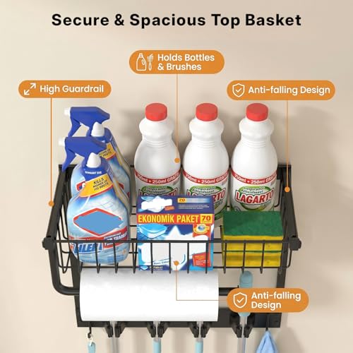 Broom Holder Wall Mount with Paper Towel Holder& Removable Anti-fall Basket
