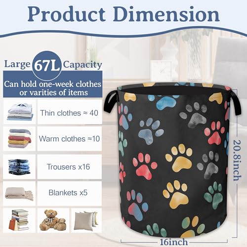 Cute Cat Dog Paw Prints Laundry Basket,Foldable Oxford Cloth Laundry Hamper With Handle, 20.8"x16" Portable Clothes Storage Basket Bag for Laundry Room/Bathroom/Bedroom/Dormitories - color: Cute Cat Dog Paw Prints