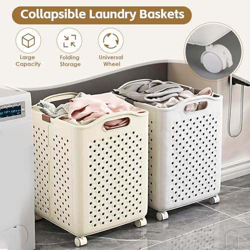 57L Foldable Collapsible Laundry Basket, with Wheels+Handles(Cream White) - color: Cream White