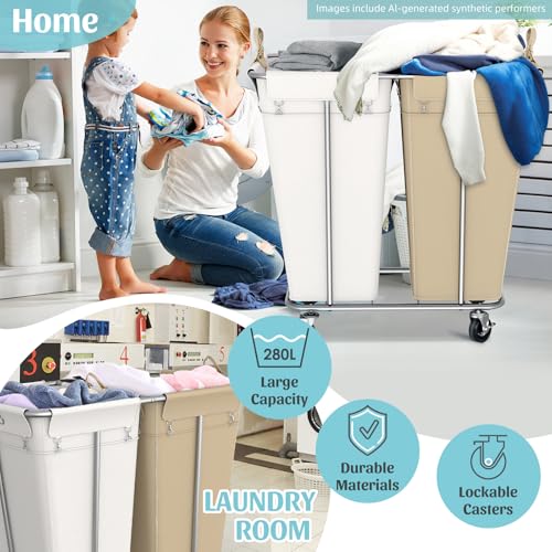 PLKOW 280L 2-Section Rolling Laundry Sorter, Oat and White - color: Oat+White-280L