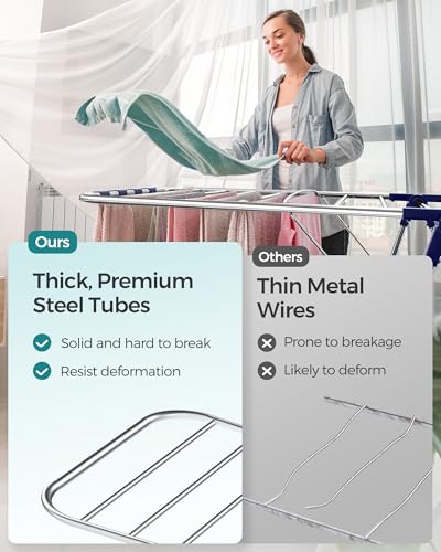 SONGMICS Clothes Drying Rack, Foldable 2-Level Stee Laundry Drying Rack - color: Silver + Blue, size: 2 Tiers(22"d x 61.8"w x 64.3''h )