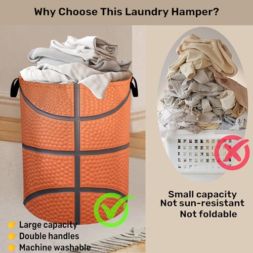Basketball Laundry Basket with Handles - Extra Large Foldable Hamper for Bathroom/Laundry/Bedroom/Dorm, Washable Fabric Storage Bin - color: Basketball