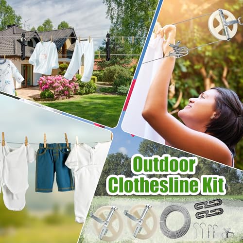 Outdoor Clothesline Kit, Clothes Line Pulley Kit for Outside