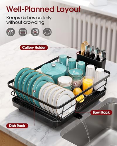 Sakugi Dish Drying Rack - Stainless Steel Dish Rack with Drainboard for Kitchen Counter and Sink, 15.6" D x 12" W x 5" H, Black - color: Black, size: 15.6"D x 12"W x 5"H