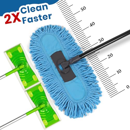 19 Inch Dust Mops for Floor Cleaning with 2 Mop Refill Pads Floor Duster with 58” Long Handle Microfiber Sweeper for Hardwood Tile Baseboard - color: Blue+2 Pads