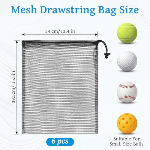 6Pcs Mesh Drawstring Bag - 13.4" x 15.5" Portable Mesh Storage Bags Durable Sports Equipment Net Bag for Outdoor Activities Camping Travel (Black)