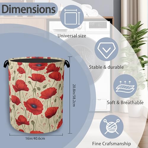 Vintage Poppy Flower Laundry Basket,Oxford Cloth Laundry Hamper with Handle Foldable Portable Clothes Storage Basket for Bathroom Bedroom Dorm Room 16" x 20.8" - color: Vintage Poppy Flower