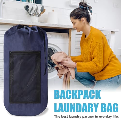 Portable with Adjustable Shoulder Straps Travel Dirty Laundry Bag,with Drawstring Closure & Mesh Pocket Backpack Laundry Bag for College,Apartment,Camping(Dark Blue) - color: Dark Blue, size: 1Pack