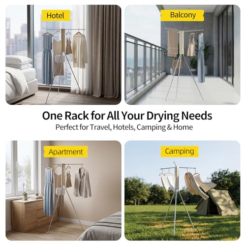 BIREN Foldable Clothes Drying Rack Tripod Clothes Rack Heavy Duty Clothing Racks Laundry Rack Drying for Travel, Camping, Hotel, Apartment, 3 Poles - size: 3 poles