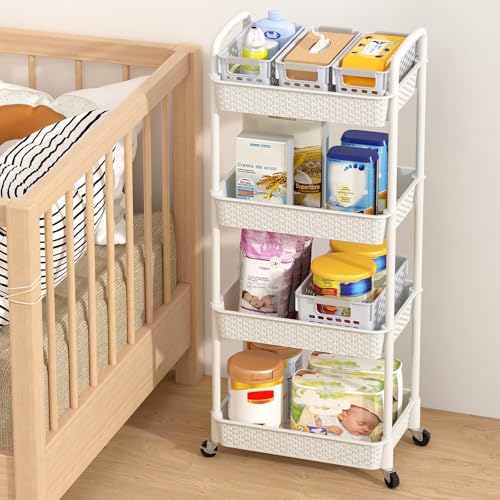 MOYIPIN 4-Tier Plastic Rolling Utility Cart with Handle,White - color: White, size: 4-Tiers without cups