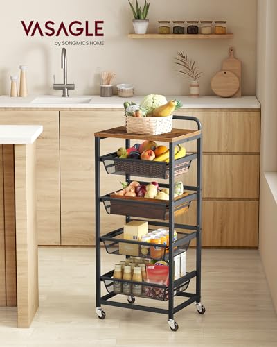 VASAGLE 5-Tier Storage Rolling Cart Organizer with Pull-Out Baskets - color: Rustic Brown + Ink Black, size: 5 Tiers